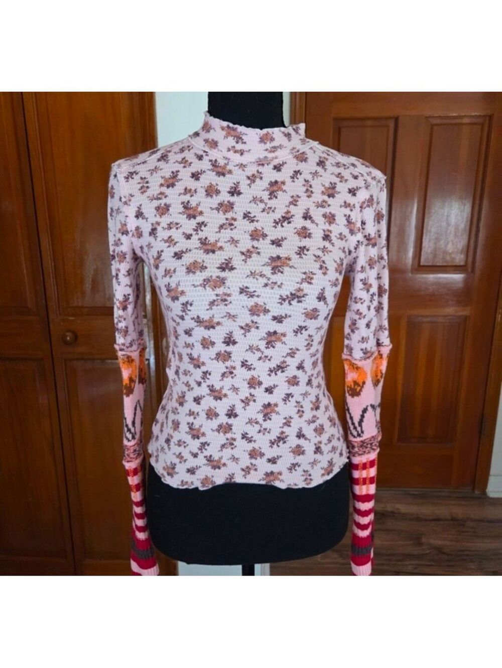 Free People We The Free Mixed Print Fair Isle Cuff Mock Neck Thermal XS